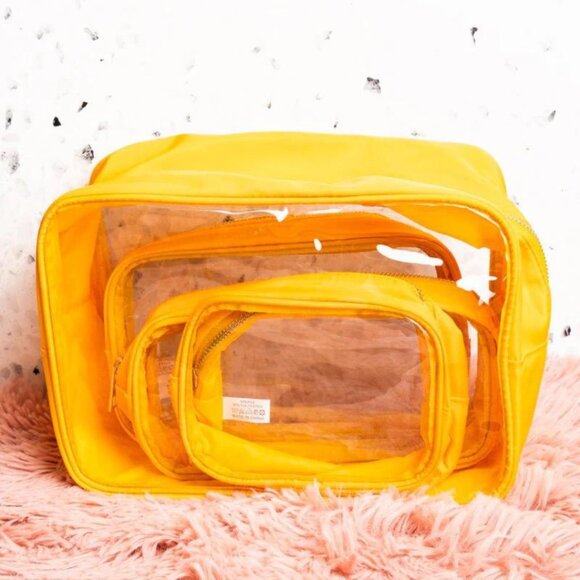 TRAVEL TIME Golden Yellow and Clear 4 Piece Travel & Cosmetic Pouch Set NWT - Picture 2 of 2